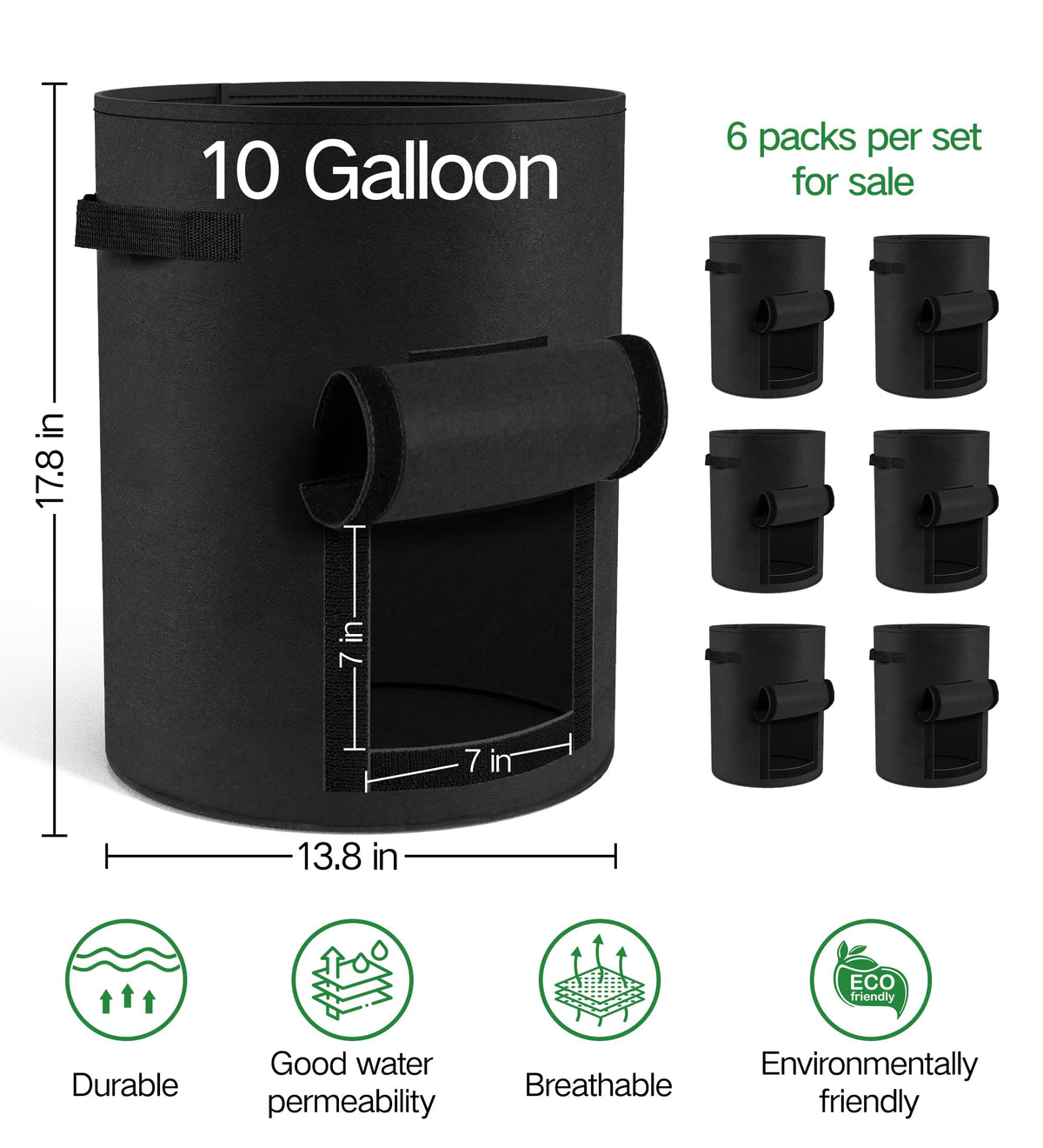 Moyios 6-Pack 10 Gallon Potato Grow Bags – Durable Nonwoven Fabric Planters with Reinforced Handles | Reusable Garden Containers for Potatoes, Vegetables (Black, 10 Gallons/6 Pack)