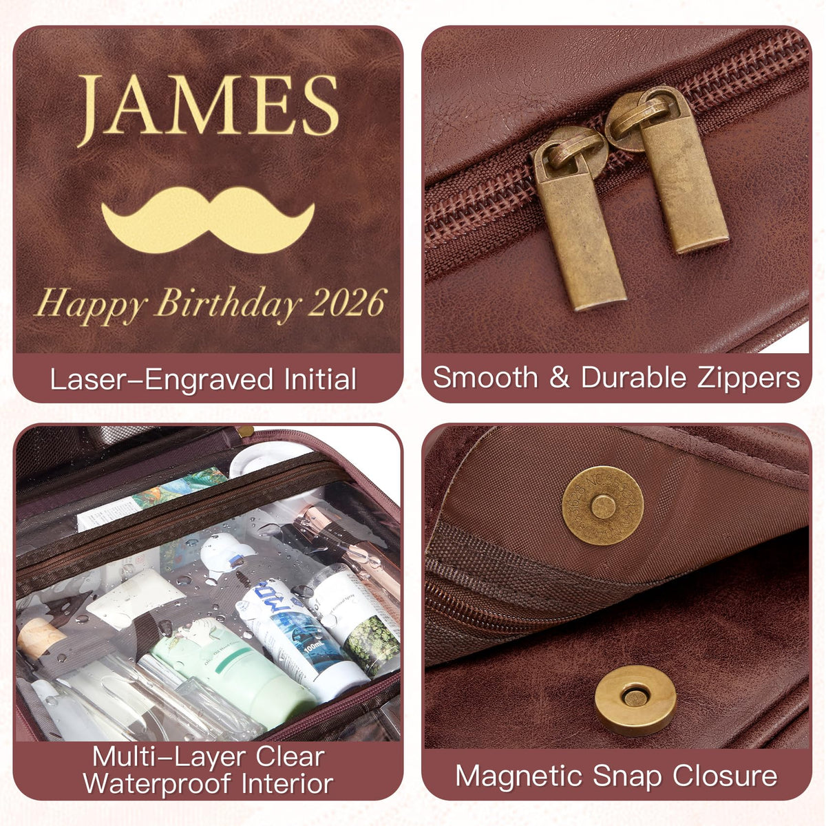 Aganmi Personalized Gifts for Men Hanging Toiletry Bag, Custom Waterproof PU Leather Dopp Kit with Laser Engraved Name, 3-in-1 Detachable Shaving Bag Gifts for Husband Dad Groomsmen Reddish Brown