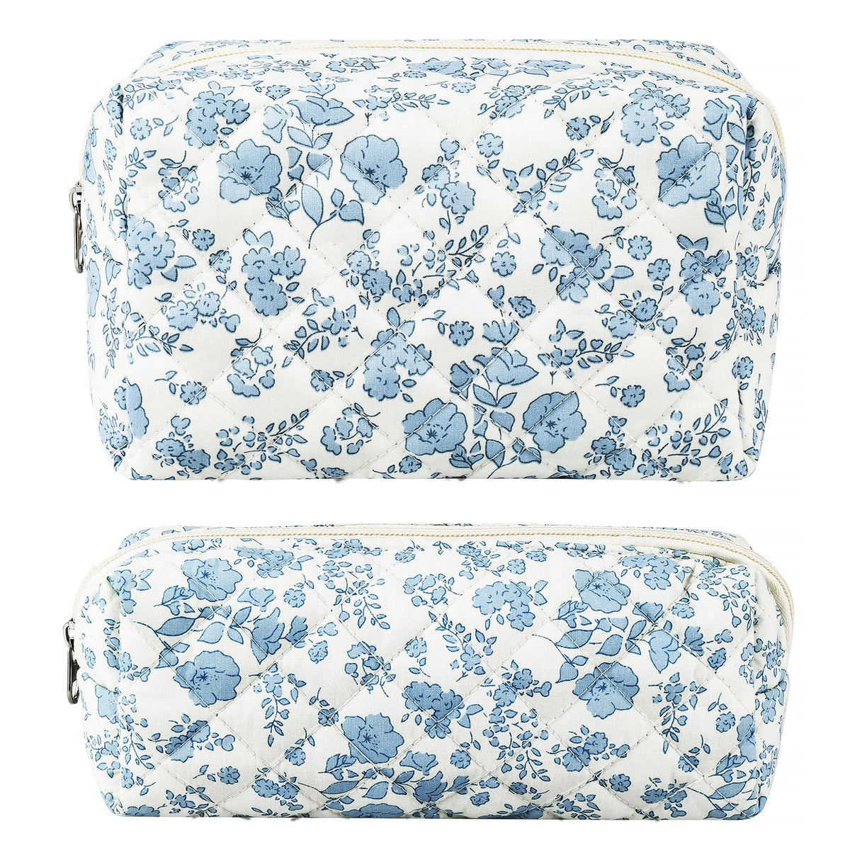 URSKYTOUS 2Pcs Floral Makeup Bag for Women Cotton Quilted Small Coquette Cosmetic Bag Cute Zipper Blue Flower Makeup Pouch Aesthetic Portable Pencil Case Travel Toiletry Bag Trendy Cloth Skincare Bag