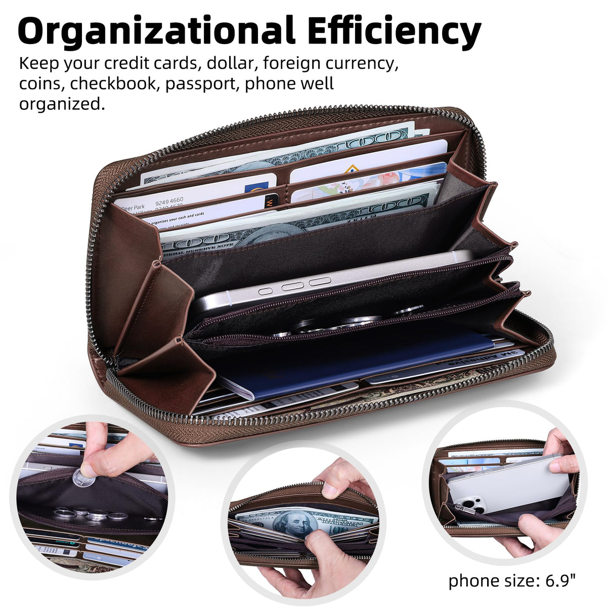 VISOUL Leather Long Zipper Pouch Wallet for Men and Women with RFID Blocking, Large Clutch Cash Long Wallet with Zipper (Brown)