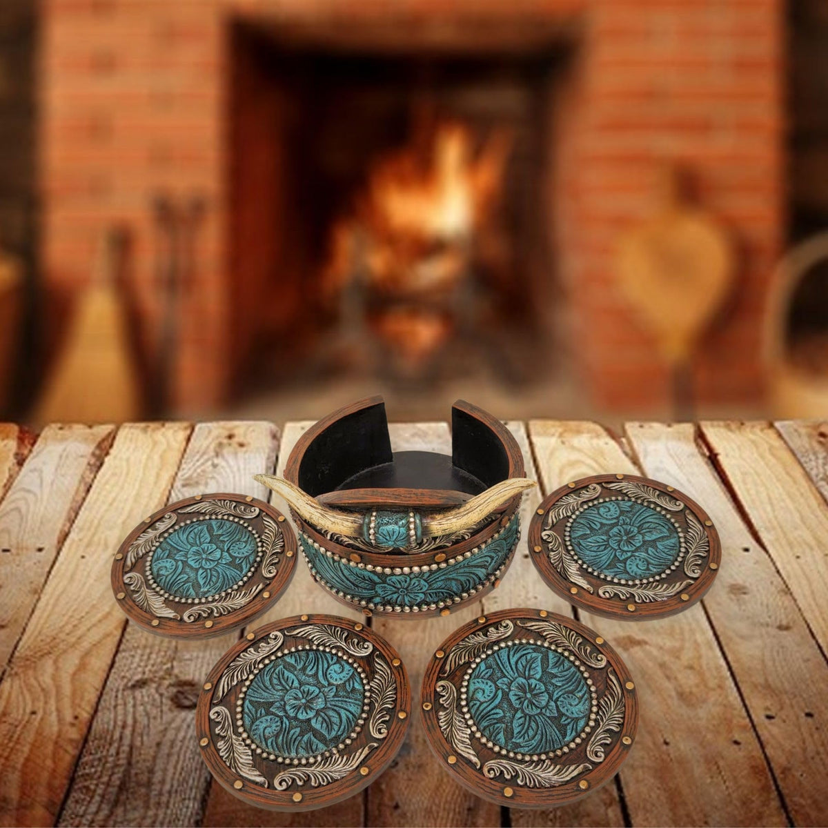BestGiftEver Rustic Southwestern Coasters Set: Faux Horn & Tooled Leather-Inspired Western Home Decor, Lodge, Cabin - Unique Gift for Cowboy Ranch Theme Enthusiasts
