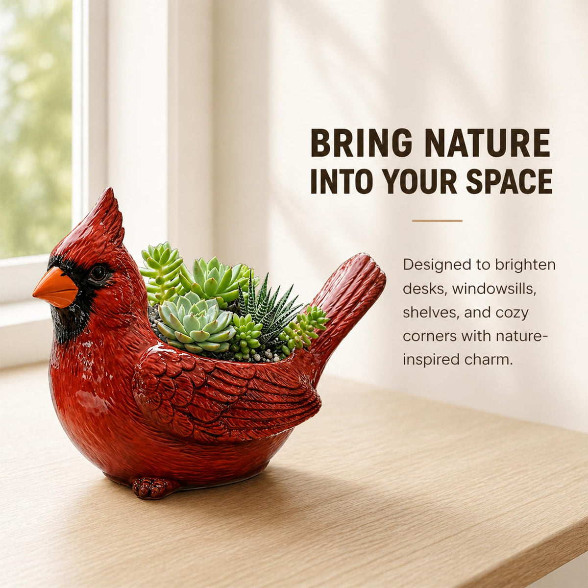 Oulores Cardinal Bird Succulent Planter, Red Resin Decorative Flower Pot for Small Plants, Bird Planter Pot for Desk Windowsill Patio Garden Decor, Gift for Plant & Bird Lovers (Green)
