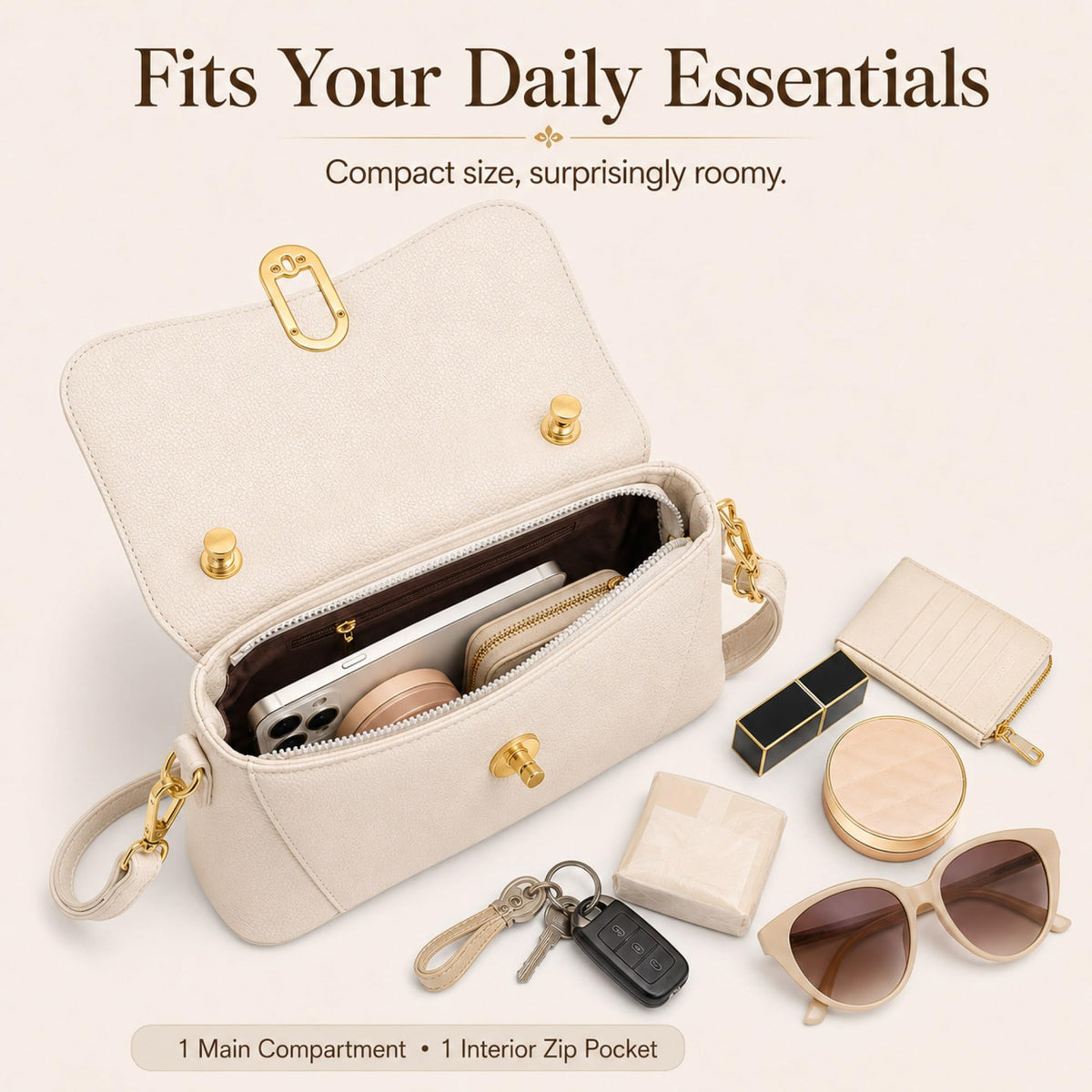 Crossbody Bag for Women Small Satchel Purse, Pebbled PU Leather Handbag with Top Handle, Adjustable Strap, Gold Turn Lock, Zip Pocket, White Everyday Shoulder Bag