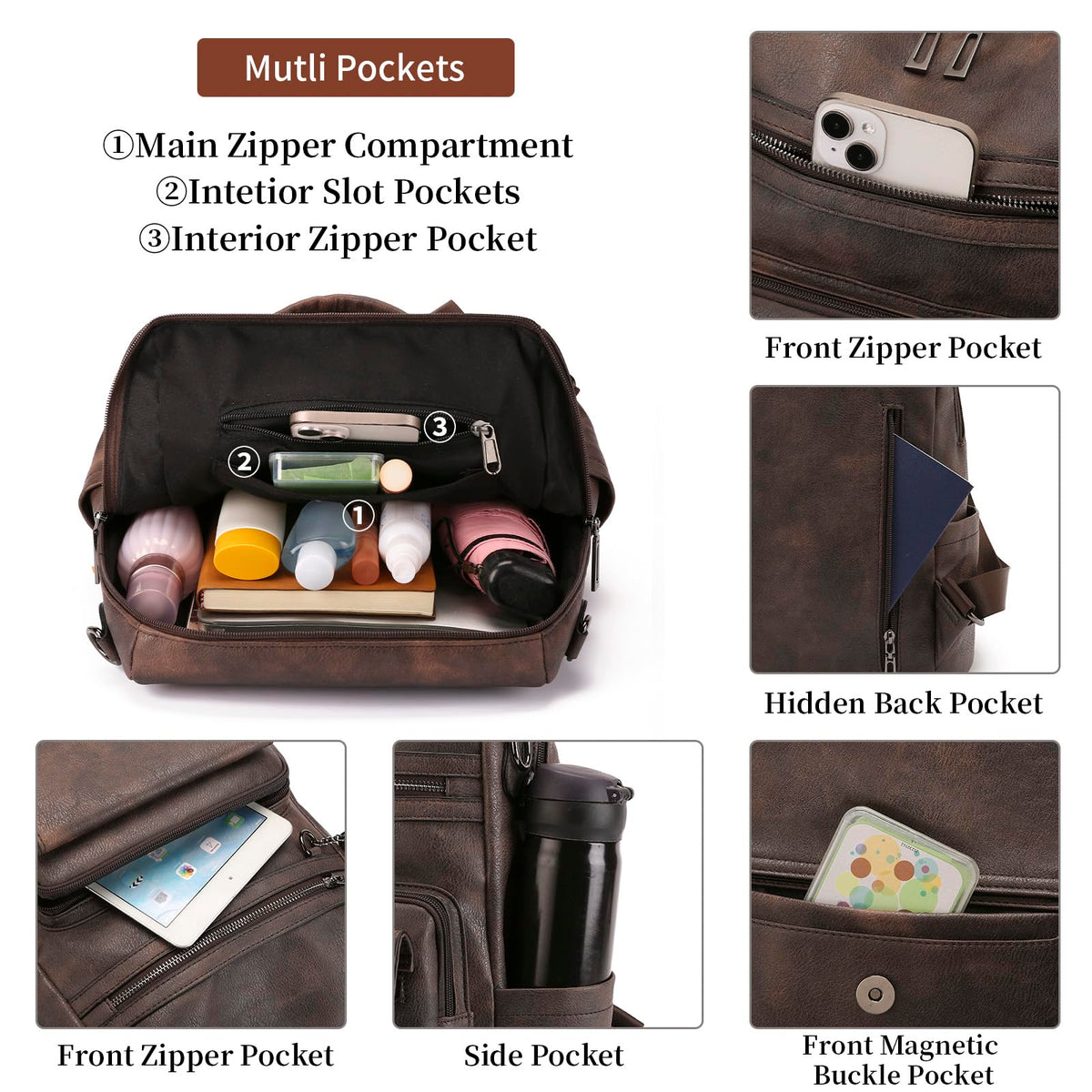 GAEKEAO Backpack Purse for Women Fashion Leather Designer Travel Backpack Purses Convertible Shoulder Bag with Wristlet (Two-toned Coffee)
