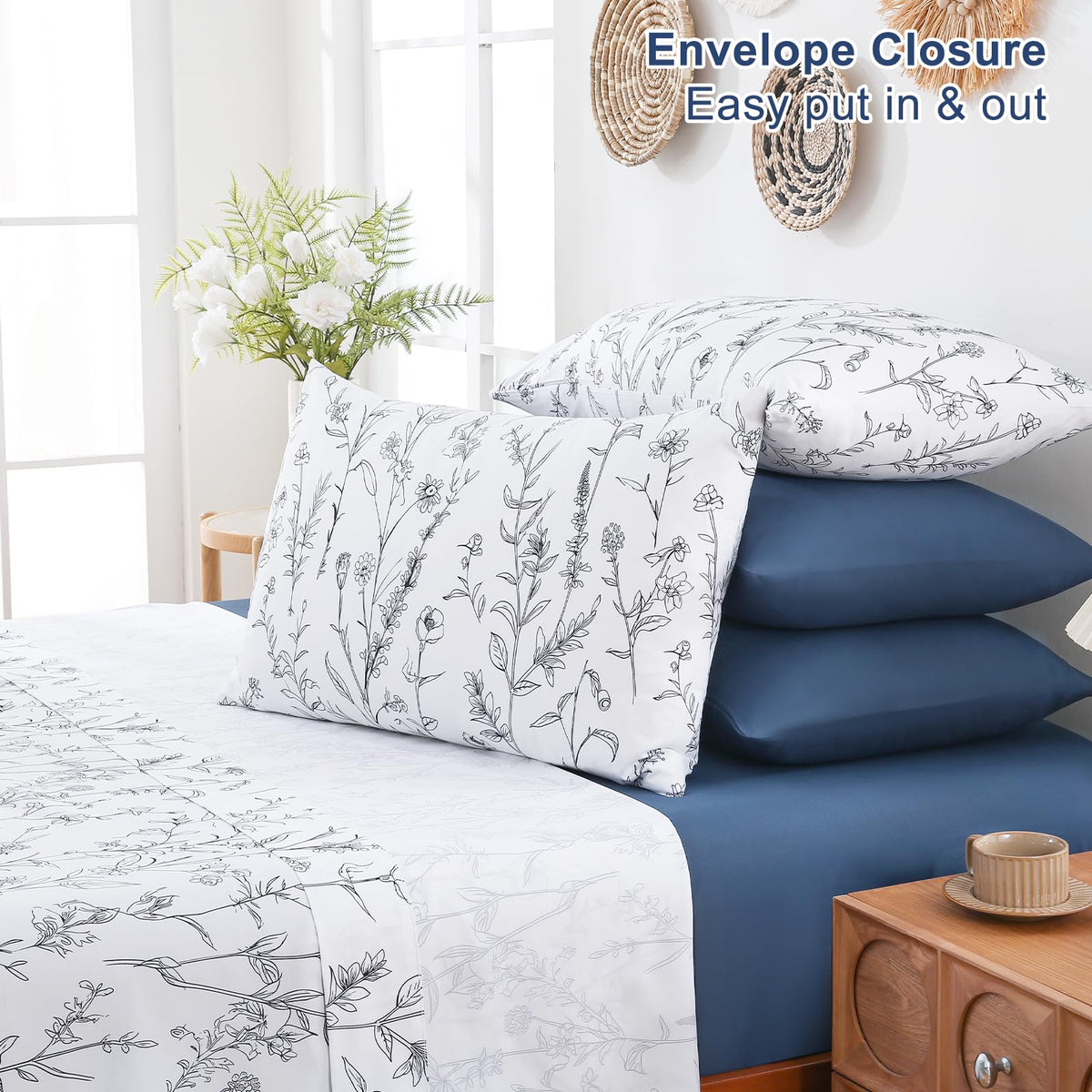 Swiftify Botanical King Size Sheets Set 6-Piece, Boho Floral Brushed Microfiber Sheets, Cooling Bed Sheet Set, Soft & Breathable, 16' Deep Pocket Fitted Sheet & Pillowcase Set, Sketch Meadow