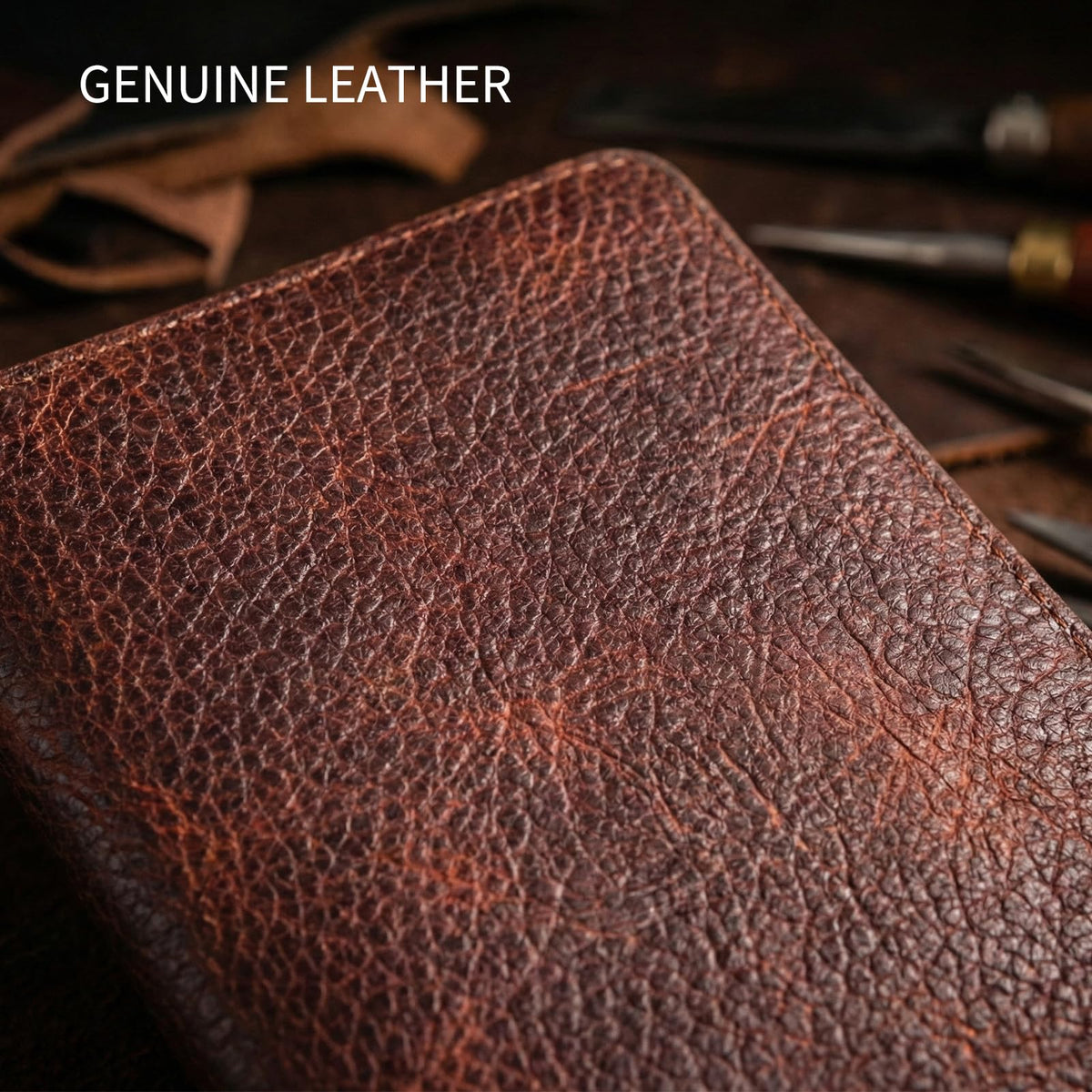 RMAWRAD genuine leather long bi-fold wallet/card holder, unisex, made of full-grain cowhide, with card slots and a coin purse, dark brown.