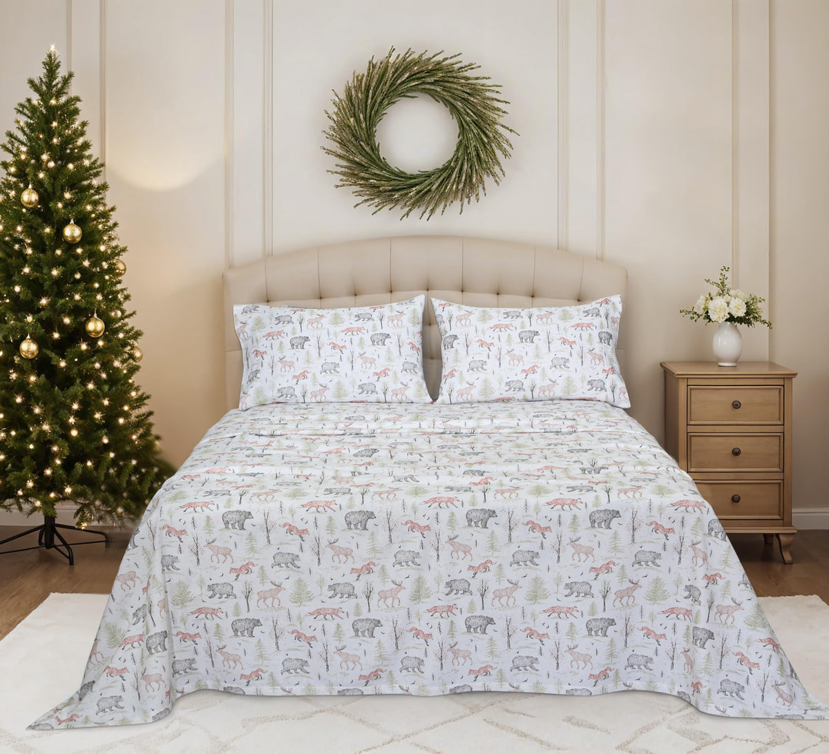 RUVANTI Flannel Sheets Queen Size - 100% Cotton Double Brushed Bed Sheets, Deep Pockets 16 Inches Queen Sheet Set, All Seasons Breathable & Extra Soft - Warm & Cozy, 4 Piece, Wildwood Tapestry