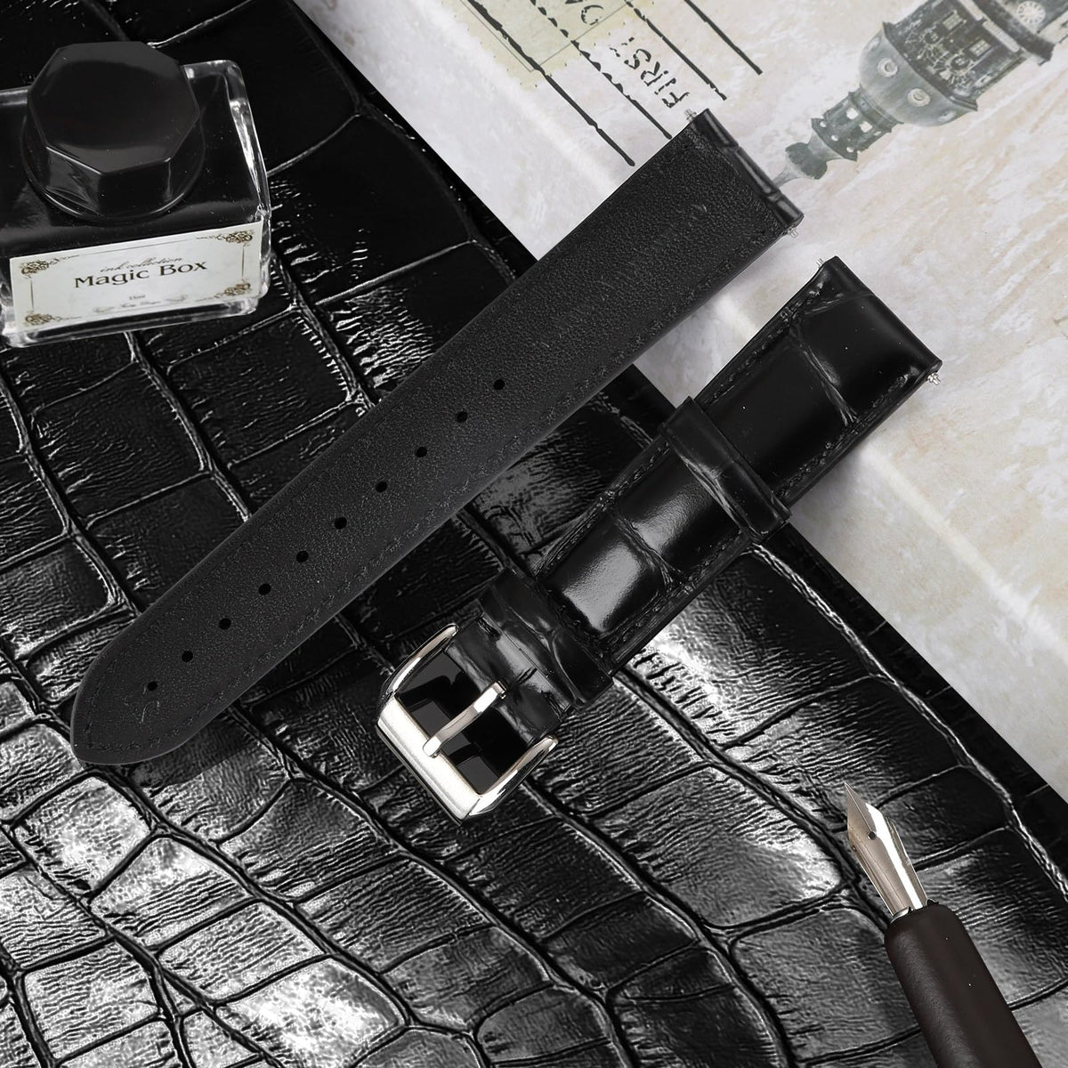 Vellsar XL Genuine Leather Watch Band 21mm Watch Straps for Large Wrist - Extra Long Adjustable Replacement Straps, Alligator Grain Embossed Watchband (Black)