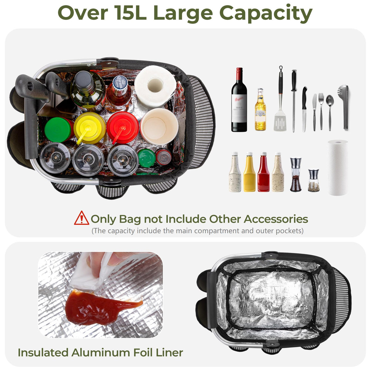 PGmoon Grill and Picnic Caddy, Foldable BBQ Tool Caddy with Rotated Handle, Multi-Pocket Grill Utensil Storage Bag for Outdoor Camping Picnic Patio Barbecue Accessories, Green