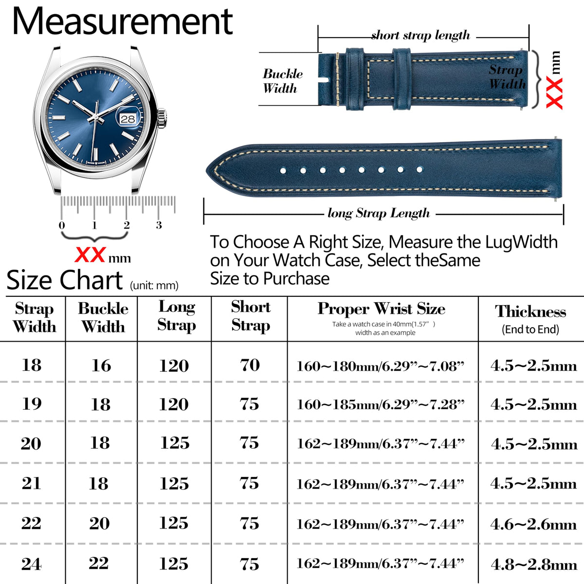 Gomvadr Vintage Genuine Top Grain Leather Watch Strap Quick Release, 18/19/20/21/22/24mm, Silver/Black Buckle, Universal Fit Unisex for Daily Wear (Blue with Silver Buckle, 19mm)