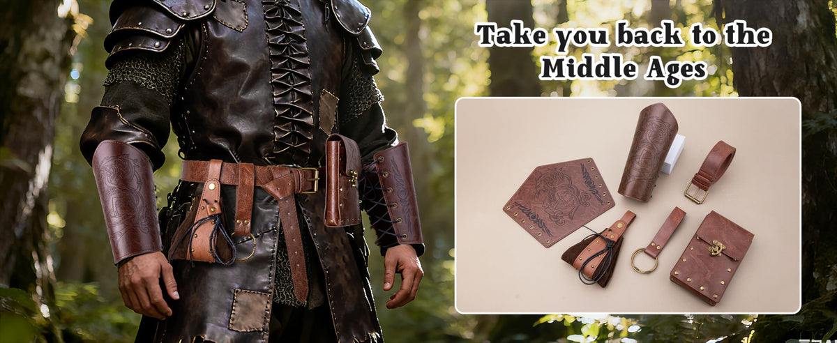 Medieval Steampunk Renaissance LARP Set - Steampunk Belt Leather Belt Bag Potion Bottle Holder & Adjustable Arm Guards for Cosplay Halloween & Festivals