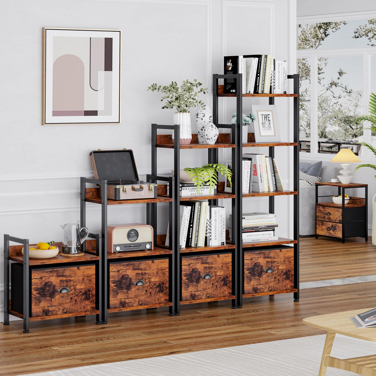 Furologee 4 Tier Bookshelf with Drawer, Tall Bookcase with Shelves, Narrow Bookshelves Storage Organizer, Wood and Metal Display Standing Shelf Unit for Bedroom, Living Room, Rustic Brown