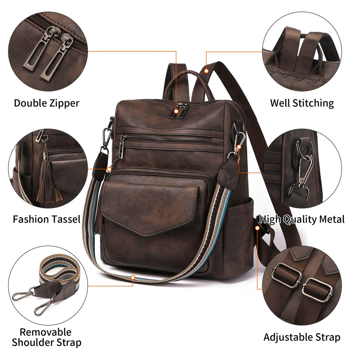 GAEKEAO Backpack Purse for Women Fashion Leather Designer Travel Backpack Purses Convertible Shoulder Bag with Wristlet (Two-toned Coffee)
