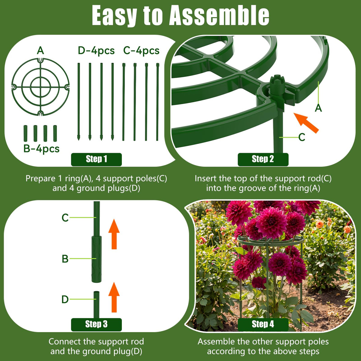 4 Pack Peony Cages and Supports, 11.8" D x 25" H Plant Supports for Outdoor Plants, Peony Support Cage Flower Support Rings, Plant Support Ring for Rose Tomato Hydrangea Strawberry
