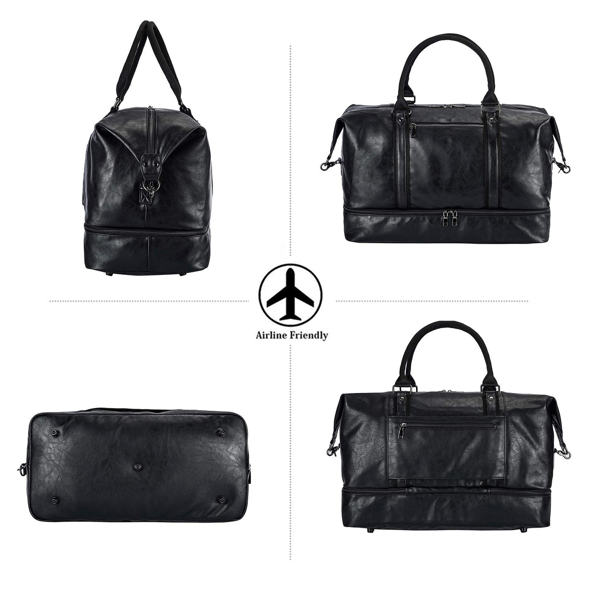 Leather Travel Bag with Shoe Pouch,Weekender Overnight Bag Waterproof PU Leather Large Carry On Bag Travel Tote Duffel Bag for Men or Women-Black