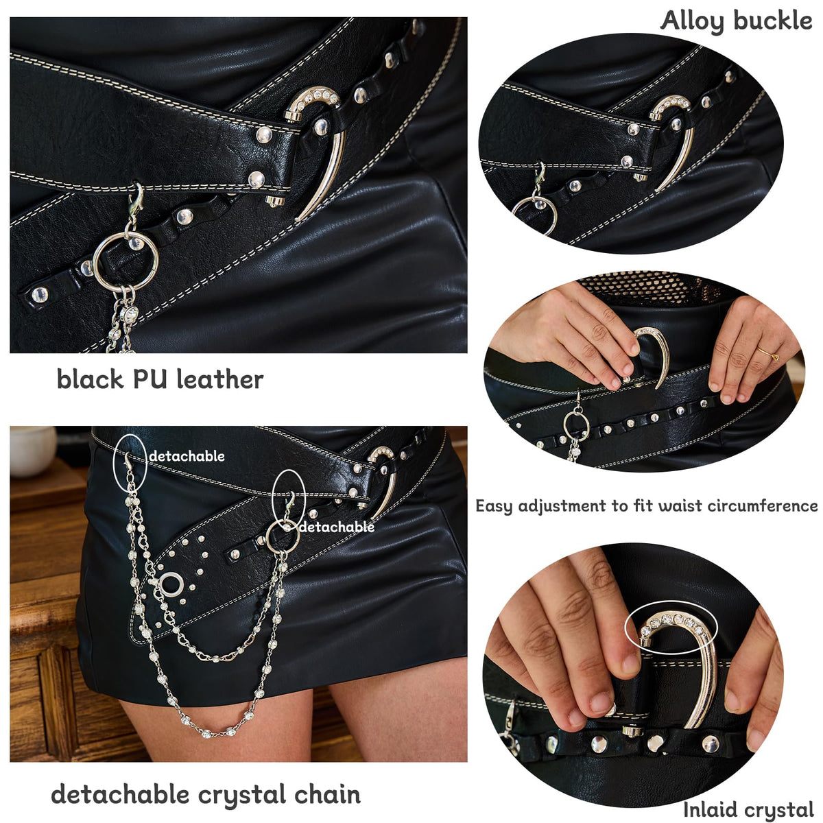 VQYVRZC Goth Belt for Women Wide Black Punk Accessory Studded Rivets with Detachable Crystal Waist Chain Rock Rave Emo Style