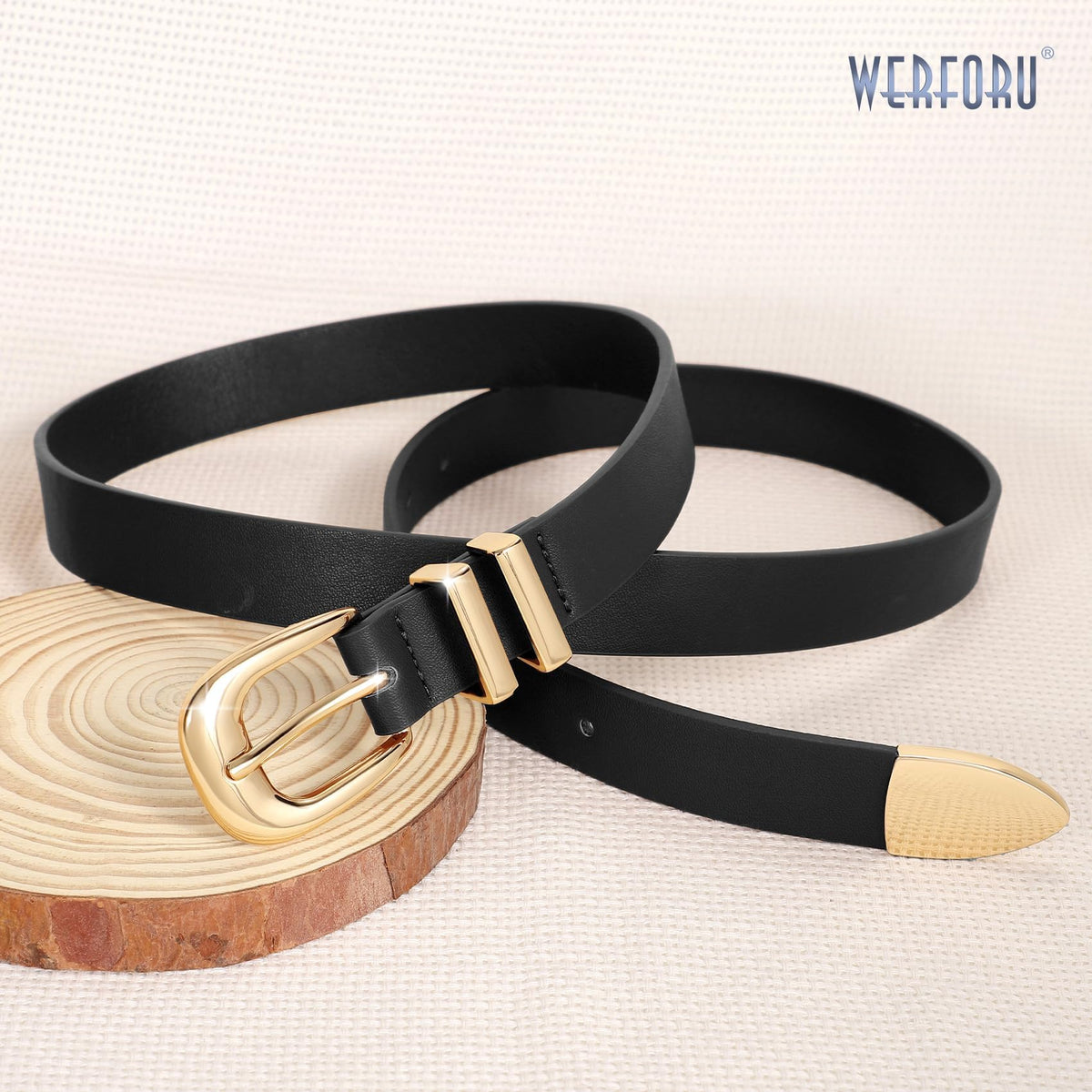 WERFORU Women Leather Belt Fashion Leather Waist Belt for Pants Jean Ladies Western Thin Belt with Gold/Silver Buckle （Fit Waist Size 31"-36",Black-Gold Buckle