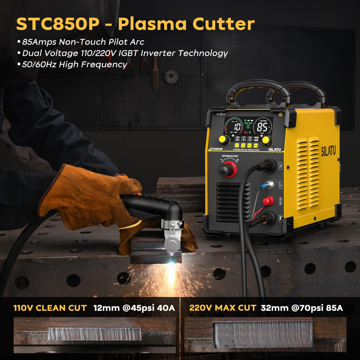 SILATU 85Amps Plasma Cutter, STC850P HF Non-Touch Pilot Arc Plasma Cutter Machine, 110/220V Dual Voltage Air Sensor Technology Digital Display, 1'' Clean Cut 5/4'' Max Cut, PT/2T/4T for Beginners DIY