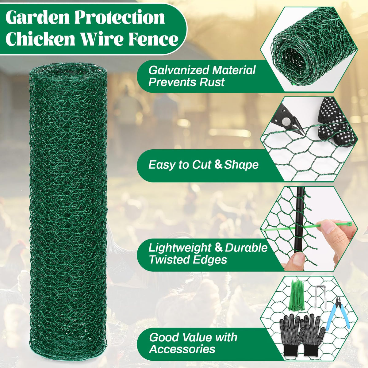 15.7 x 120 Inch Plant Protectors from Animals 0.8mm Free-Cut Metal Mesh Plant Cages for Outdoor Plants Chicken Wire Cloche, Wire Plant Protector for Garden Wire Mesh with Gloves, Wire Ties, Plier