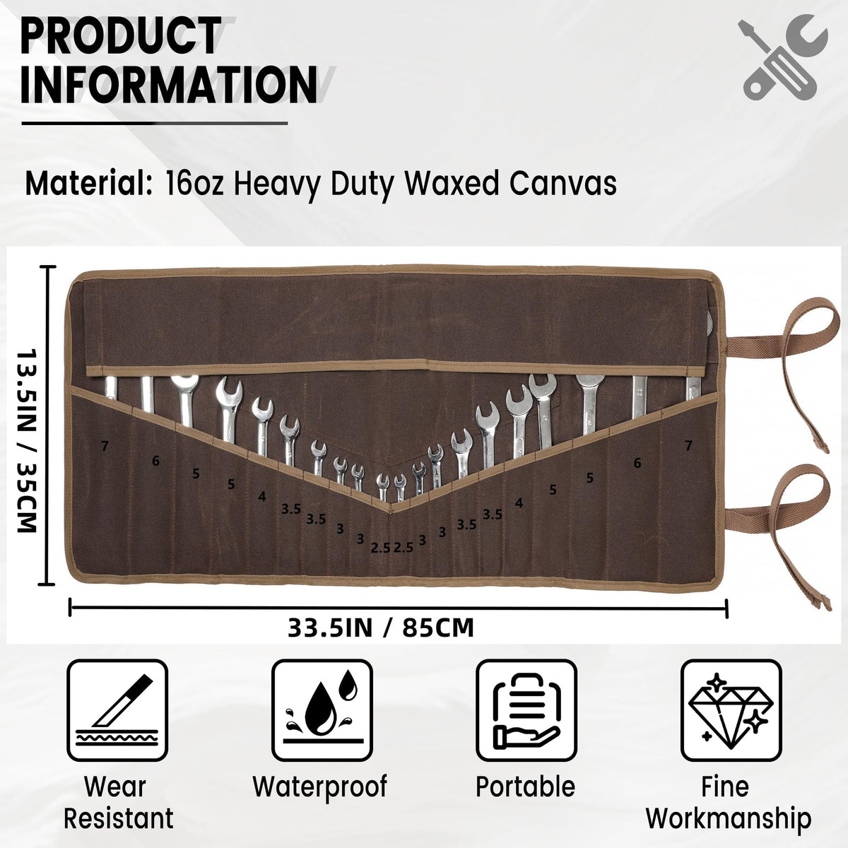 Tool Roll, Wrench Organizer Roll Up Tool Pouch with 24 Pockets | Durable Waxed Canvas 16 OZ Portable Tool Storage Carrier Bag(33.5 X 13.5 IN | Brown)