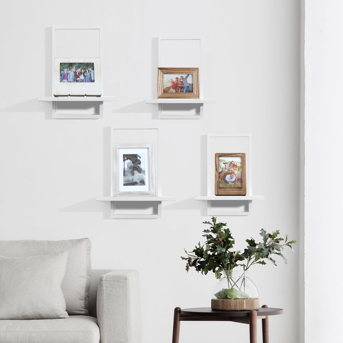 PHOENANCEE Square Wall Shelf,Framed Floating Shelves Set of 2,Decorative Plants Hanging Display Chic for Living Room Bedroom Bathroom Home Office,Soild Wood,L+S,White