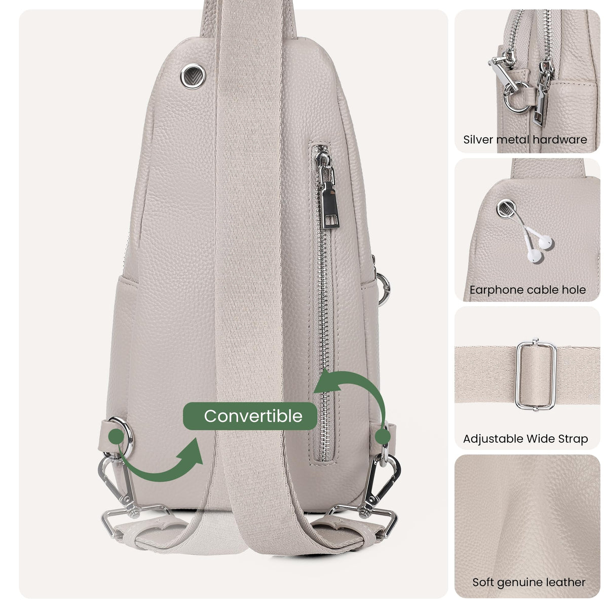 befen Soft Real Leather Small Sling Bag for Women Anti Theft Crossbody Bags Fanny Packs Travel Purses with RFID Blocking Card Slots Beige Grey