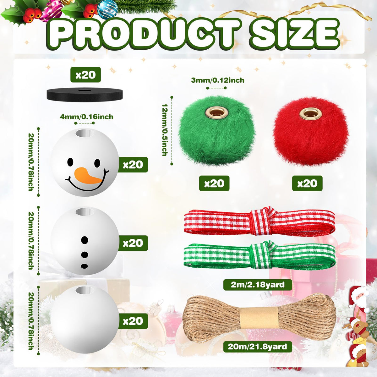 Amyhill 120 Pcs DIY Christmas Snowman Wooden Beads for Craft, Fuzzy Faux Fur Poms, Winter Wood Beads Buffalo Plaid Colorful Print with Twine, for Party Xmas Santa Tree Jewelry Home(Red Green)