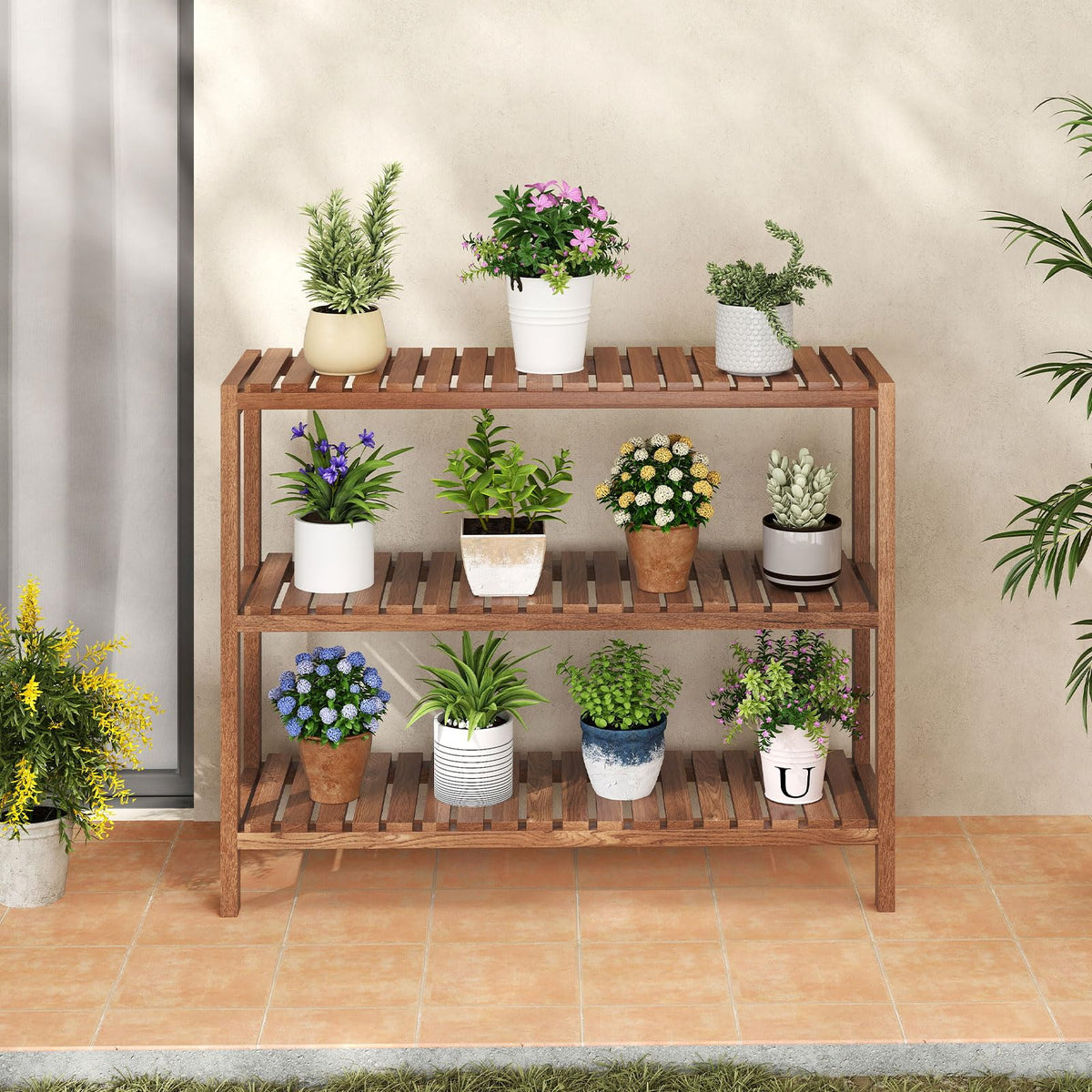 Giantex 3-Tier Wooden Bookshelf, Teak Wood Stand Storage Shelf, Rustic Plant Stand, Slatted Shelves, Farmhouse Storage Organizer, Multifunctional Display Rack for Entryway Living Room Bedroom