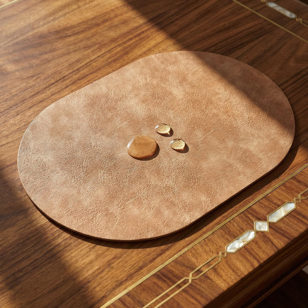 BIPASION Oval Placemats 2mm Ultra Thick Faux Leather Table Mats, Heat Resistant Waterproof Wipeable Dining Mats for Kitchen Table, Set of 6, Soft Apricot