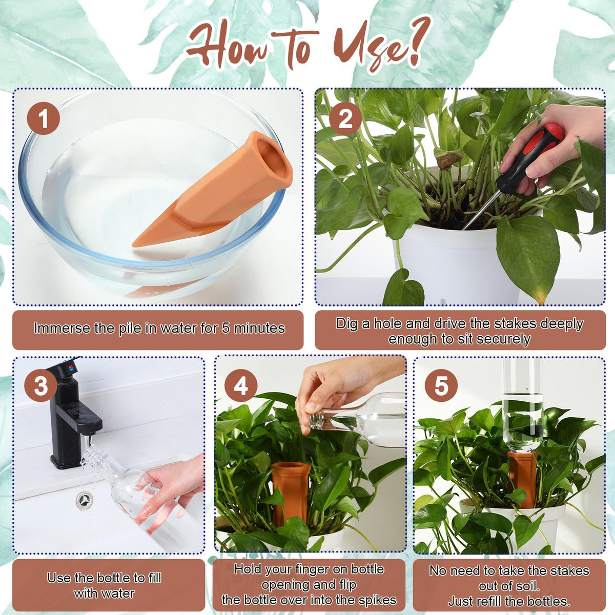 SiliFine 3 Sets Plant Watering Devices Include Terracotta Self Watering Spikes and 26 oz Plastic Bottles, Slow Release Vacation Insert Automatic Plant Waterer Device (Blue Clear Brown and Terracotta)
