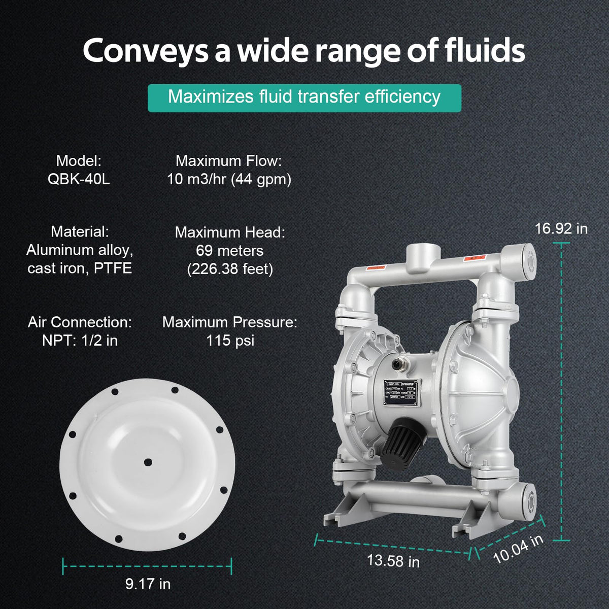 Air Operated Double Diaphragm Pump 1-1/2 inch Inlet & Outlet, 44GPM, Max 115PSI Air Waste Oil Pneumatic Transfer Pump with 2 Extra Diaphragms,Air Diaphragm Pump Aluminum Alloy, QBK_40L