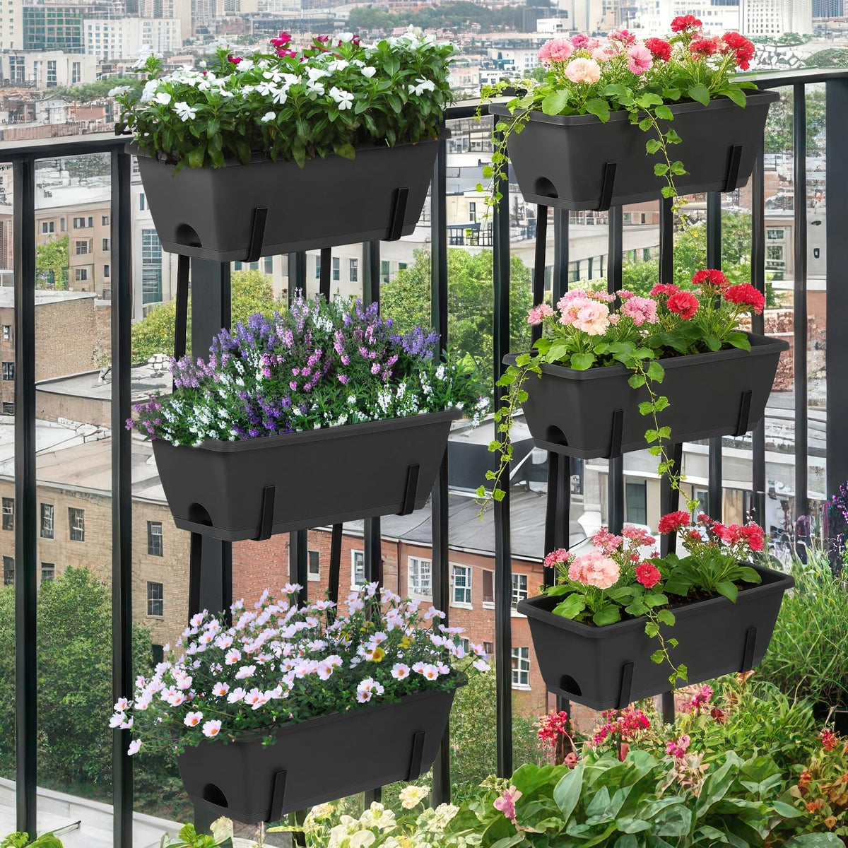 OYEAL Deck Railing Planter Boxes Set of 2 Over Fence Planters for Outdoor Plants, Hanging Window Planter Boxes with Adjustable Brackets, 6 Plastic Flower Boxes, Grey