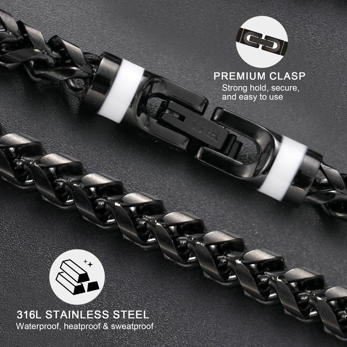 GTMJ 316L Stainless Steel Black Franco Chain Bracelet for men 7.5 Inches
