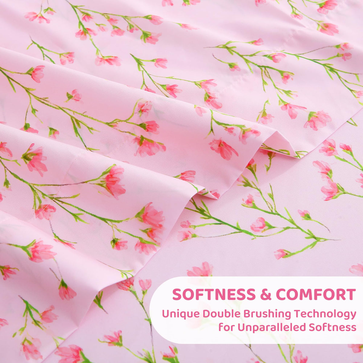 Mooreeke Cozy Floral Microfiber Printed Queen Sheet Set - Soft & Breathable Pink Flowers Bed Sheets with Deep Pocket - Non-Slip Fitted Design - Pink Flowers with Green Branches Pattern - Queen