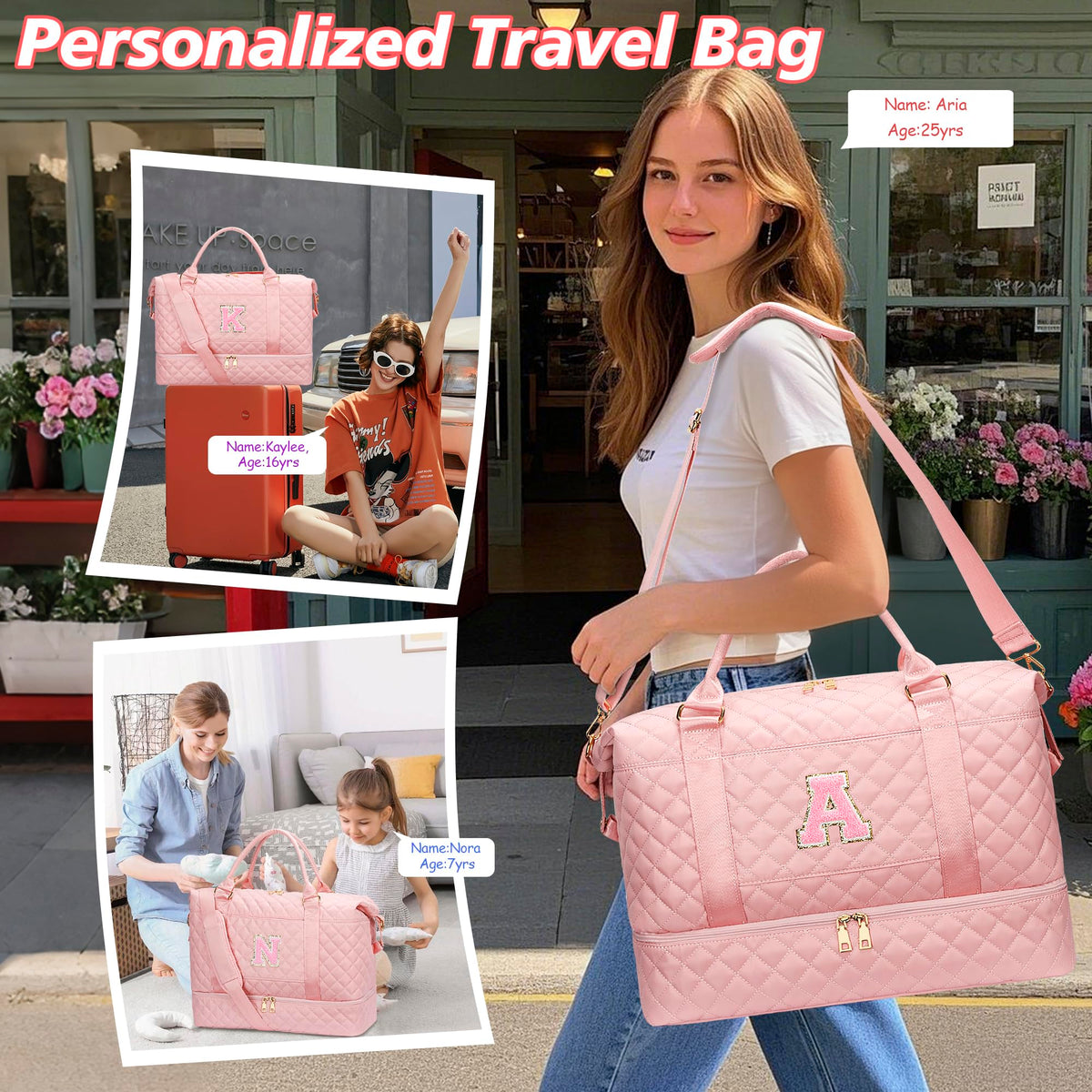 CLOUDWINGS Gifts for Women Girls Initial Travel Duffle Bag Quilted Weekender Carry-On Overnight with Cosmetic Bag, Gym Bag with Shoe Compartment, Pink K