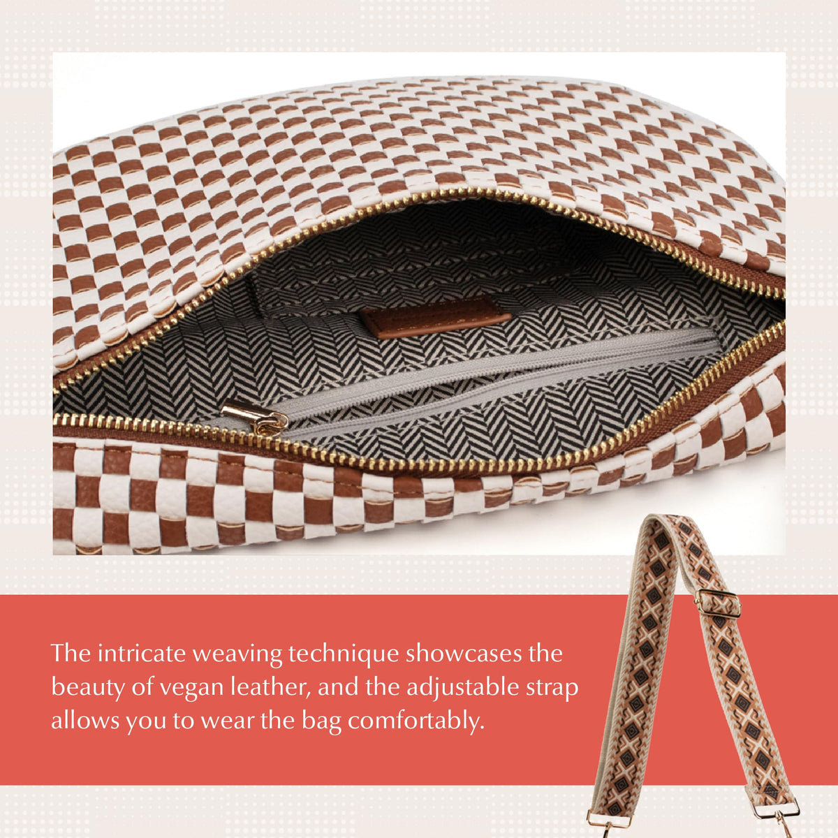 Babs + Birdie The Fiona | Woven Bum Bag | Stylish Woven Crossbody Pack | Adjustable Strap for Travel Festivals & Everyday | Brown & White Checkered