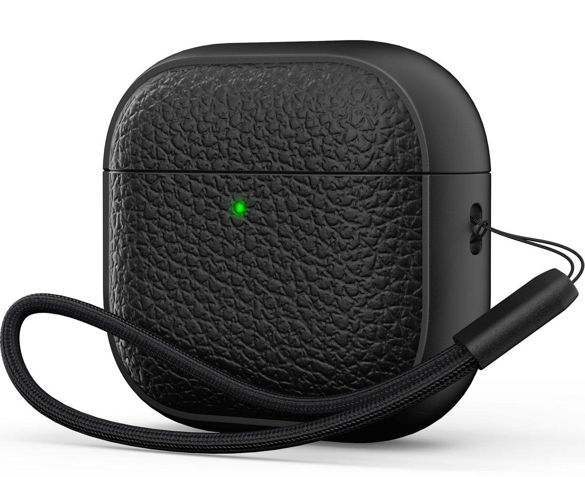 R-fun for Airpods 4 Case, Soft TPU (Leather-Like Design) Drop Protection Cover for Men and Women with Lanyard and Cleaner Kit, Compatible with Apple Latest Airpods 4th Gen(USB-C)(2024)-Black