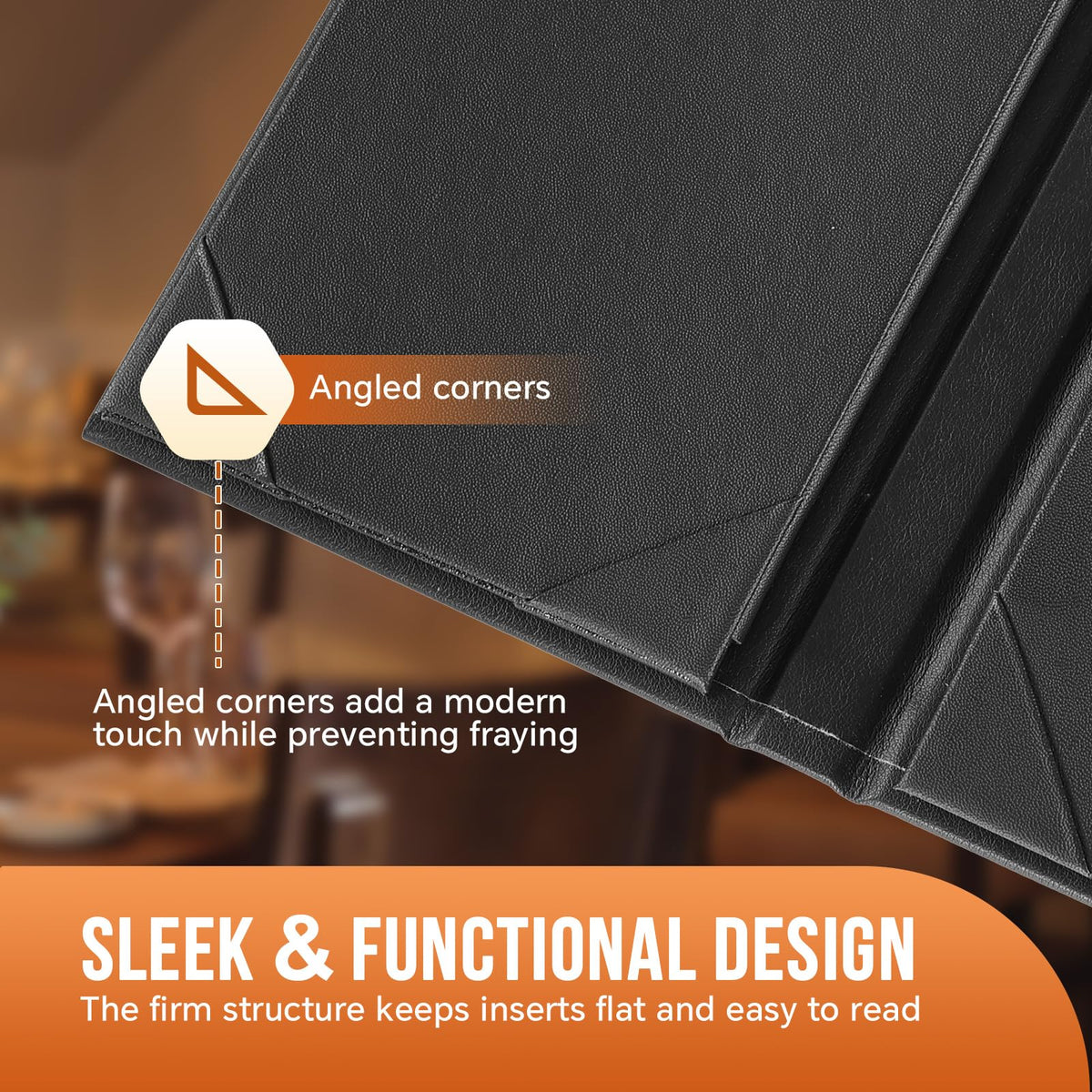 MYFULLY Restaurant Menu Holders 4.25" x 11", 6 Pack Black PU Leather Single Panel Menu Covers with Angled Corners for Restaurant, Bar, Coffee Shop, Wine List (6 View)
