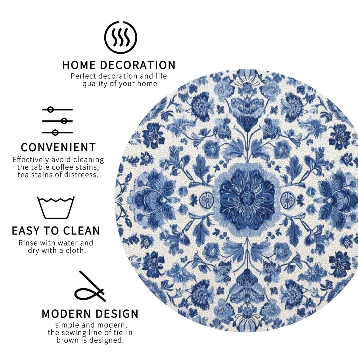 White Blue Pattern Coasters for Drinks Absorbent Leather Coasters Set of 6 for Coffee Table Cup Bar Desk Round Coaster Mats Holiday New Home Decors