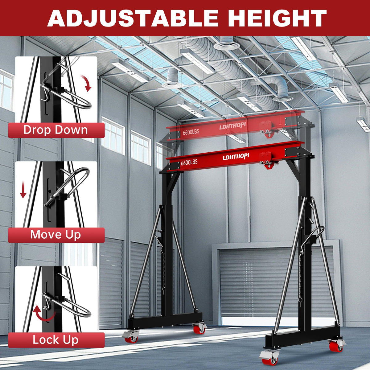 LDHTHOPI 3 Ton Gantry Crane, 6600LBS Adjustable Gantry Crane with 8.53-12.47ft Height, Shop Lift Hoist with Manual Trolley, Hook & Shackles for Warehouse, Factory,Auto Repair & Construction, Red