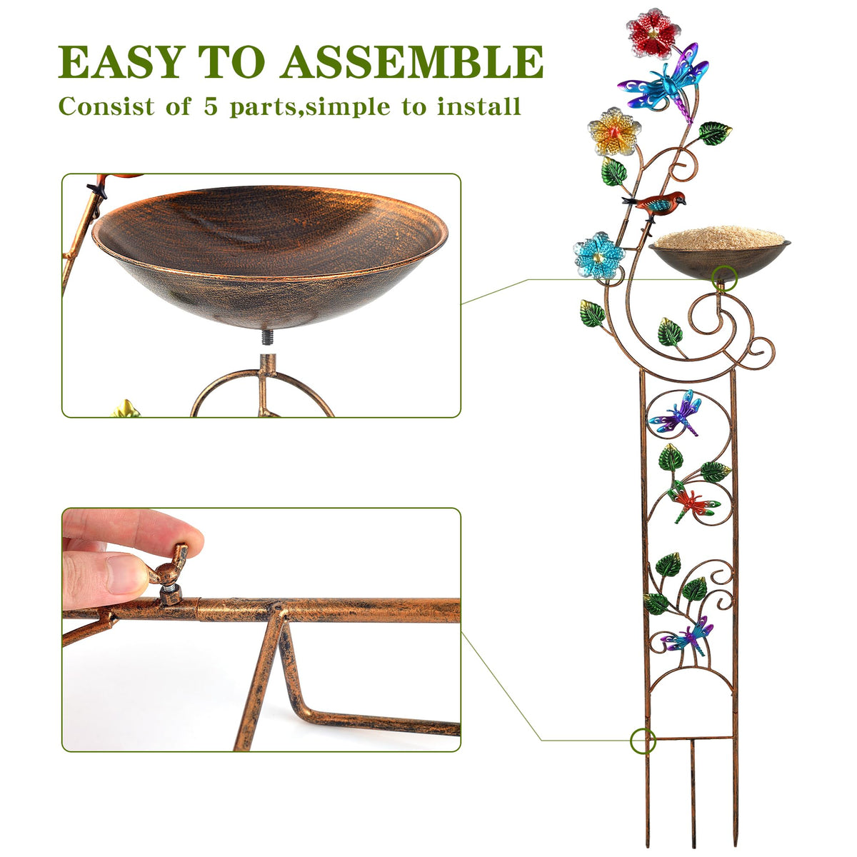 YADOOLIFE 57” Bird Bath with Garden Trellis for Climbing Plants Outdoor, Small Decorative Trellises Metal Birdbath Bird Baths, 1 Piece (Dragonfly)