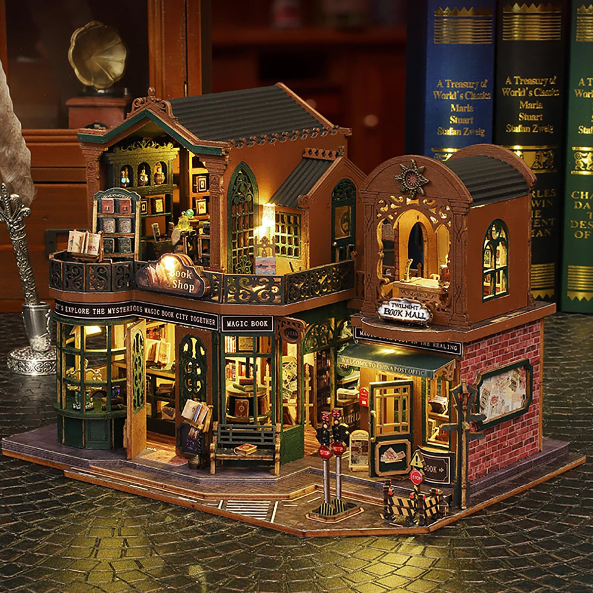 DIY Book Nook Kit - DIY Miniature Dolls House Kit with Furniture and LED Light, 3D Puzzle Wooden Art Bookends, Model Kits for Adults to Build (Twilight Bookstore)