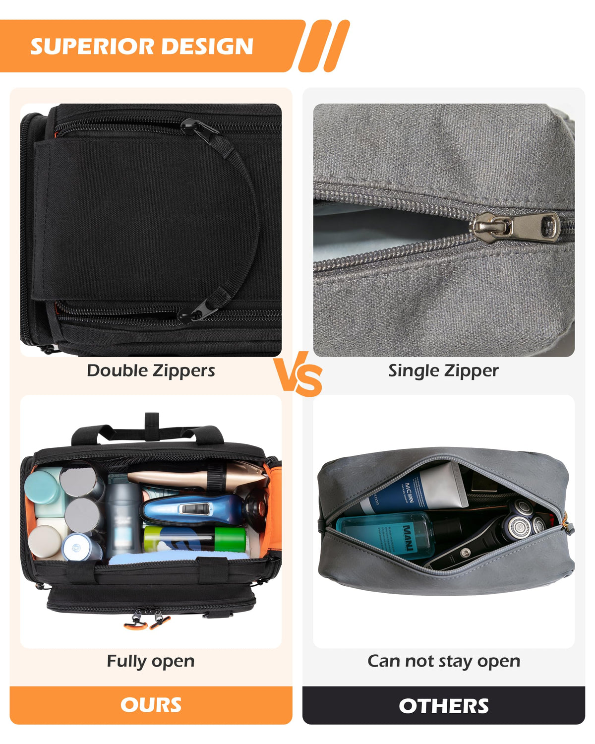 Prokva Tactical Travel Toiletry Bag for Men, Extra Large Dopp Kit Organizer with Dual Way Zippers, Travel Hygiene Bag for Shaving Grooming Bathroom Essentials, Black (Empty Bag)