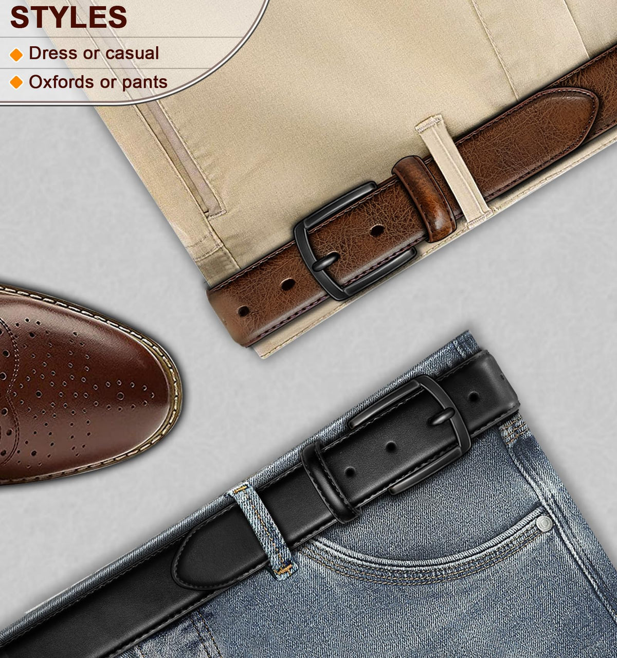 BULLIANT Men Belt 2Pack-Leather Belt 7Holes Comfortable For Men's Dress Casual Jeans 1 3/8"(Black/Deep Brown,32"-34" Waist Adjustable)