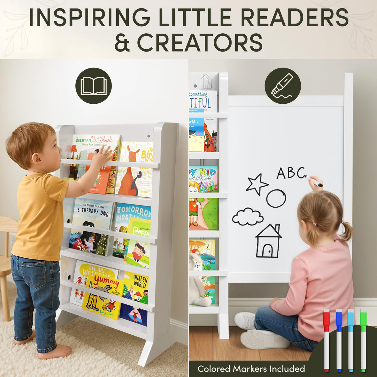 OurNest Kids/Baby Bookshelf Magnetic Sliding Whiteboard & Markers H-31–Three Tier Front-Facing Wooden Toddler for Reading, Creativity & Montessori–Nursery, Playroom & Classroom– Easy Assembly.