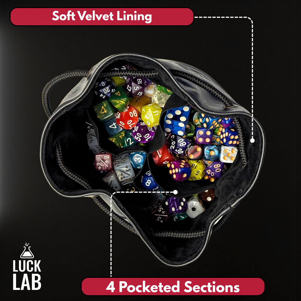 Luck Lab Dice Bag for DnD – Large Velvet-Lined PU Leather Dice Pouch w/ 4 Pockets, Embossed Design & Antique Gold Accents – Durable Dice Organizer for Tabletop RPGs & Game Accessories (Black)