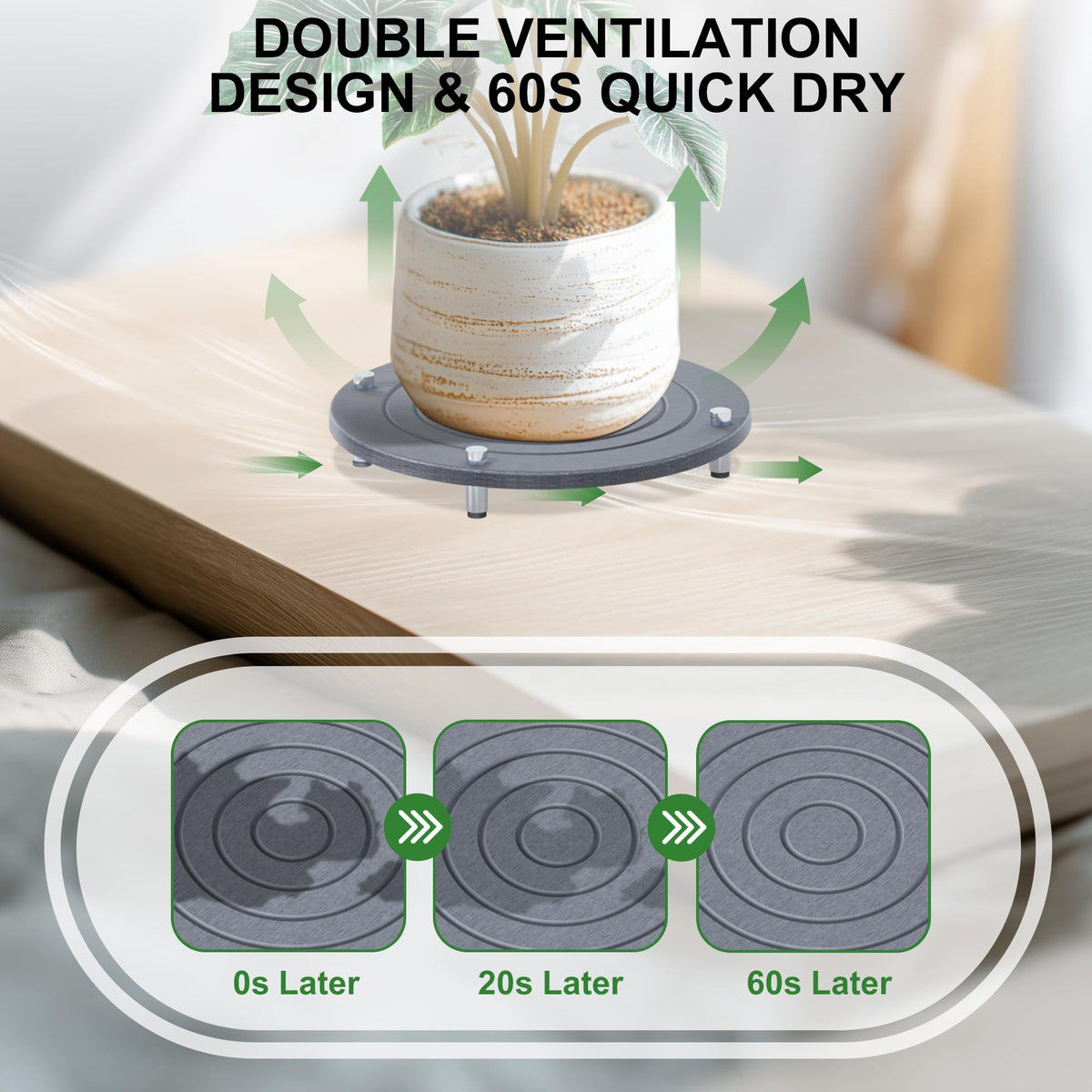 SeekElegant 2Pcs 8 Inch Plant Saucers for Indoors, Instant Dry Diatomaceous Earth Plant Saucer, Plant Trays for Pots with Stainless Steel Feet, Plant Water Catcher Tray, Gray