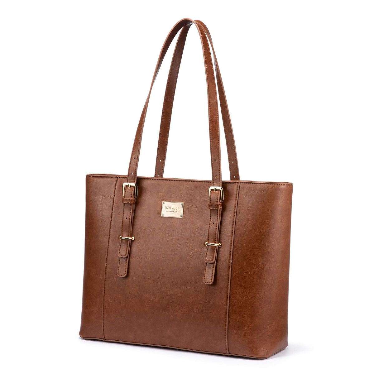 LOVEVOOK Laptop Bag for Women, Structured Leather Computer Bag, Professional Work Tote Purse, Teacher/Attorney’s Choice, Retro-Brown