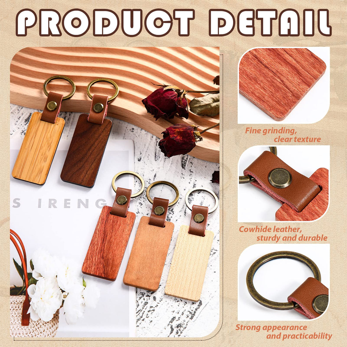 Batiyeer 30 Pcs Wooden Keychain Blanks 5 Colors Rectangle Wood Key Chain with Leather Strap Unfinished Gifts for Father