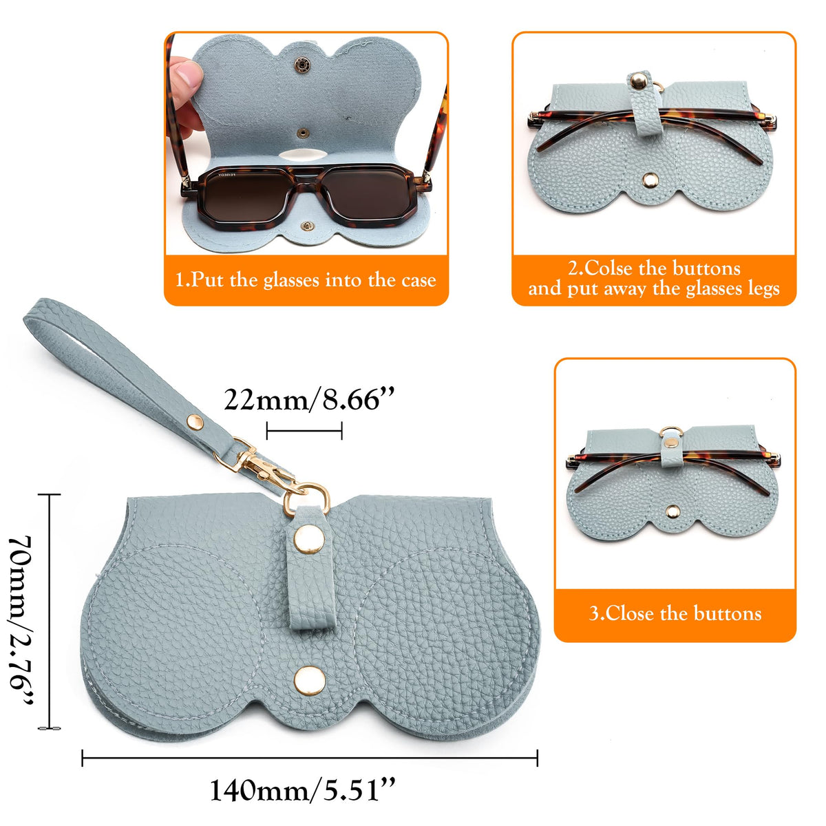 FEISEDY 2Pack Soft Leather Sunglass Bag, Holder Eyeglasses Case, Portable Glasses Pouch With Button Clip Wrist Strap B0049